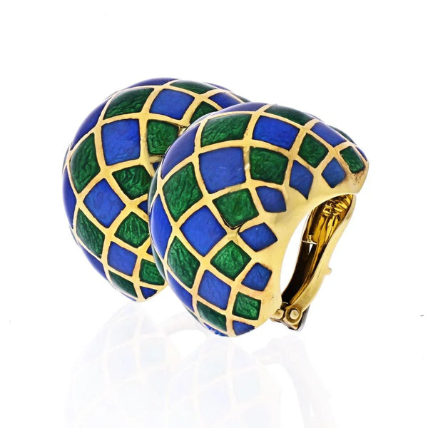 David Webb Platinum & 18K Yellow Gold Green And Blue Checkerboard Enamel Clip-On Earrings — view 2