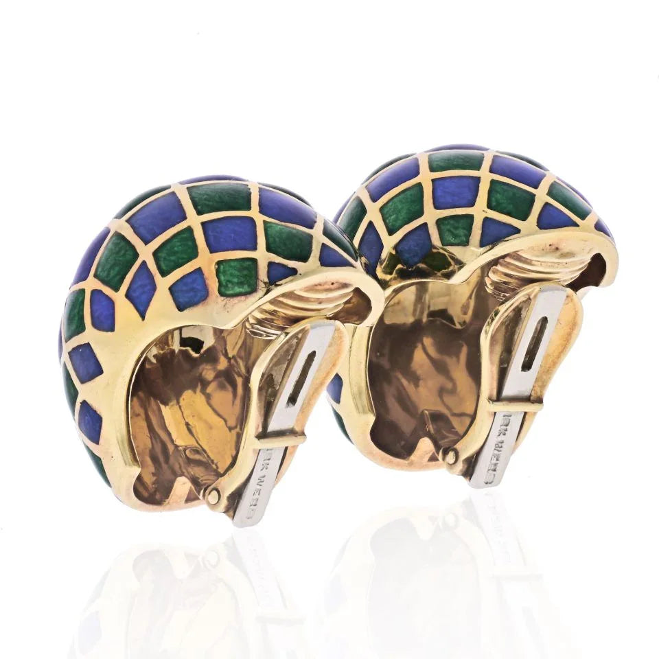 David Webb Platinum & 18K Yellow Gold Green And Blue Checkerboard Enamel Clip-On Earrings — view 3 — Laura Milman New York