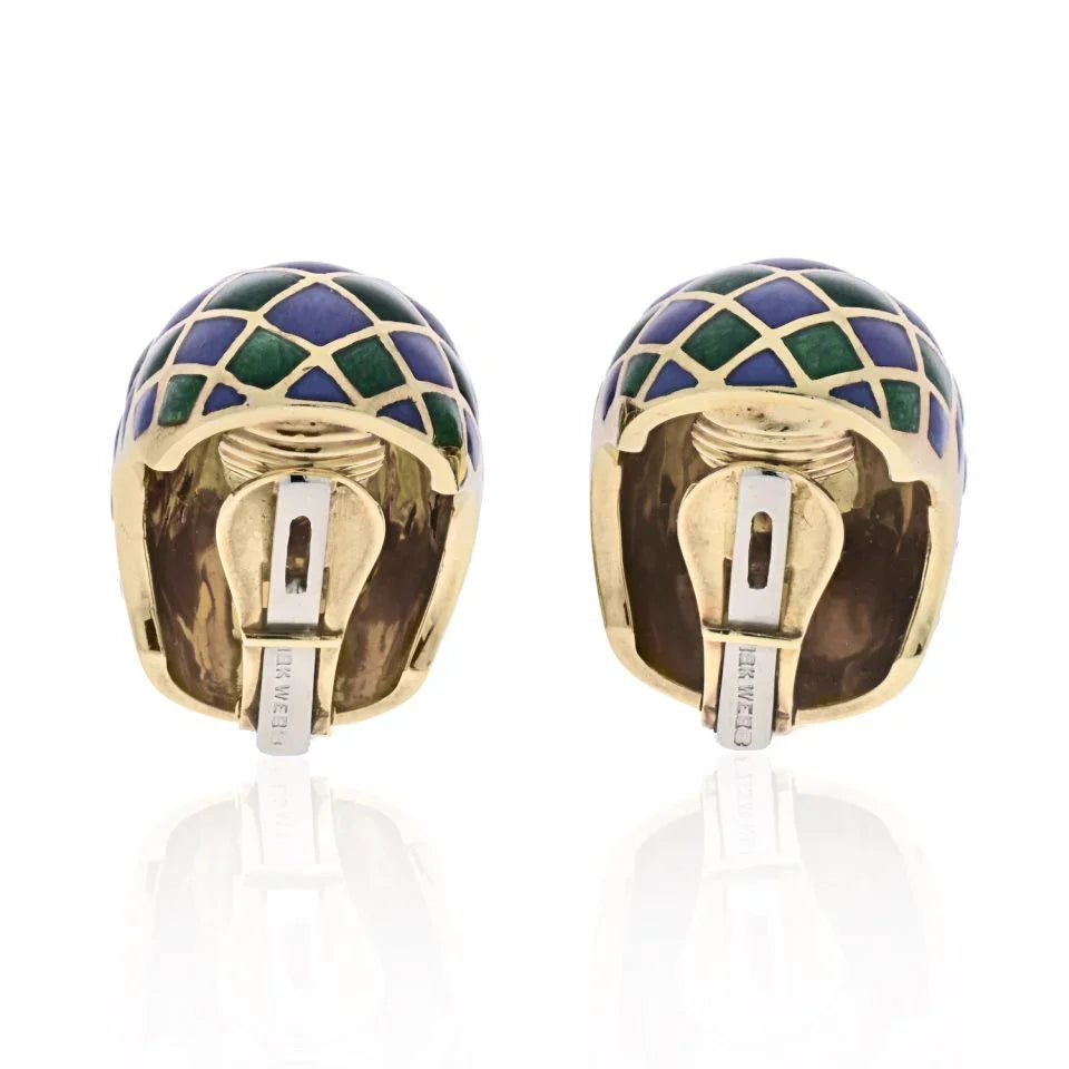 David Webb Platinum & 18K Yellow Gold Green And Blue Checkerboard Enamel Clip-On Earrings — view 4 — Laura Milman New York
