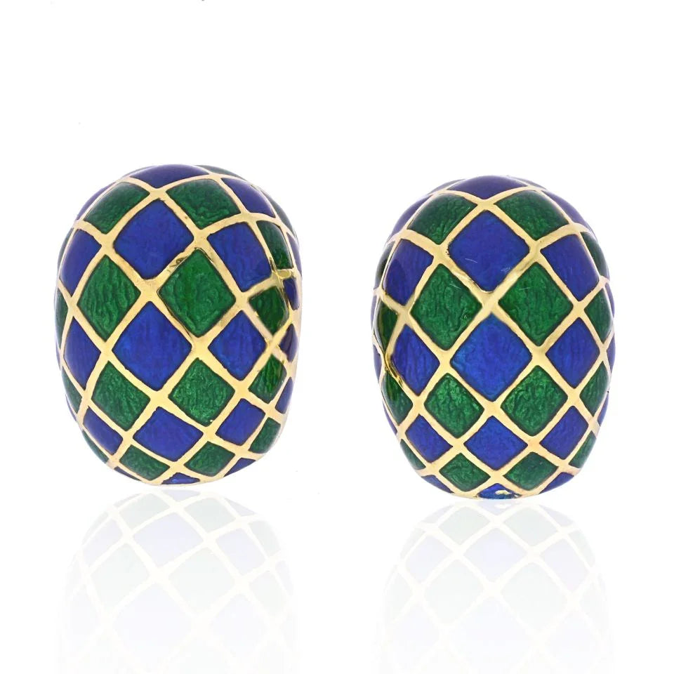 David Webb Platinum & 18K Yellow Gold Green And Blue Checkerboard Enamel Clip-On Earrings — Laura Milman New York