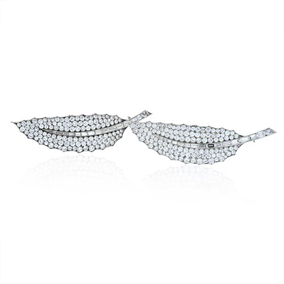 David Webb Platinum 40 Carat Diamond Feather Set Of Two Brooch — Laura Milman New York