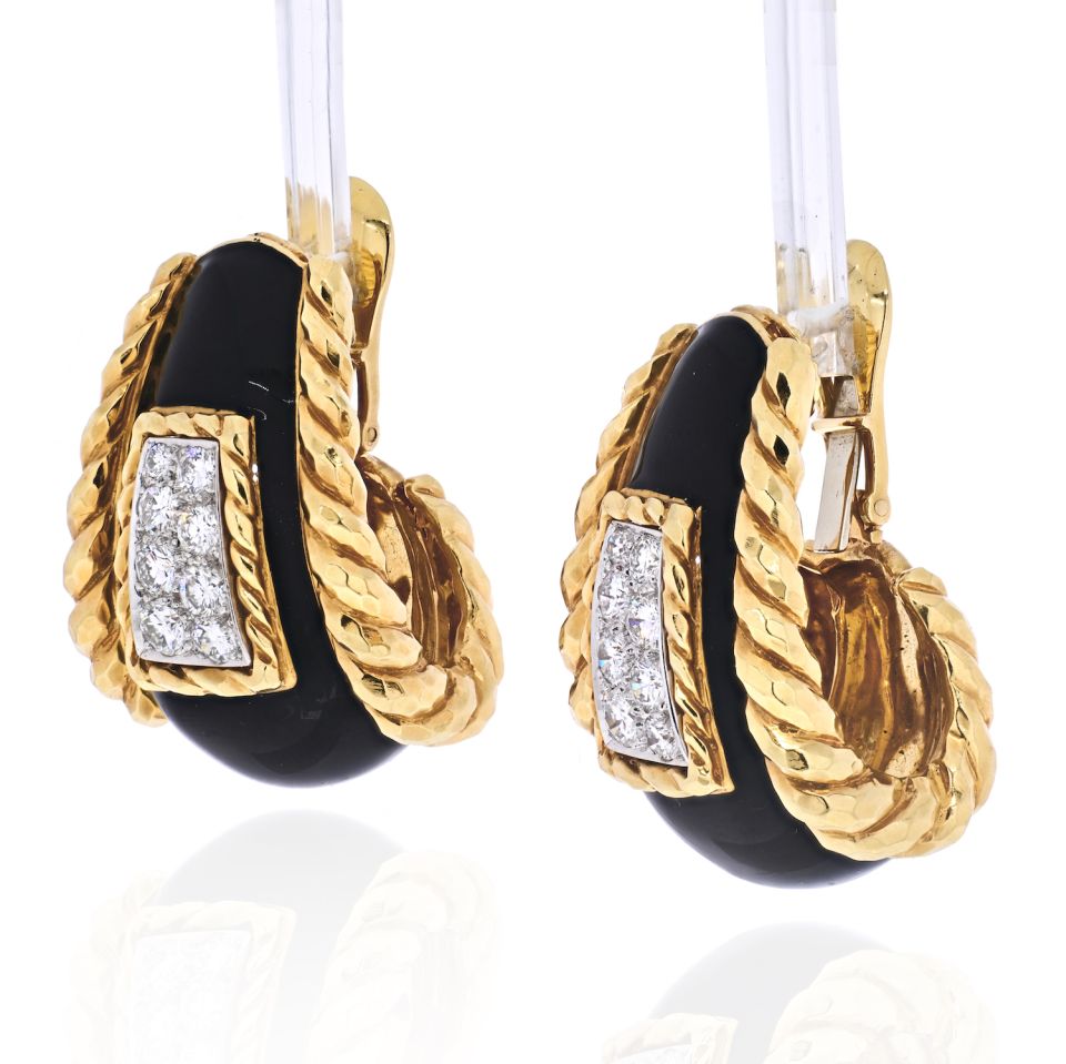 David Webb Platinum & 18K Yellow Gold Black Enamel Diamond Earrings — view 2 — Laura Milman New York