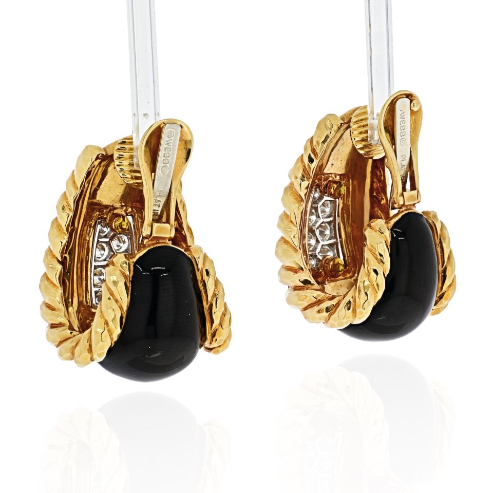 David Webb Platinum & 18K Yellow Gold Black Enamel Diamond Earrings — view 3 — Laura Milman New York