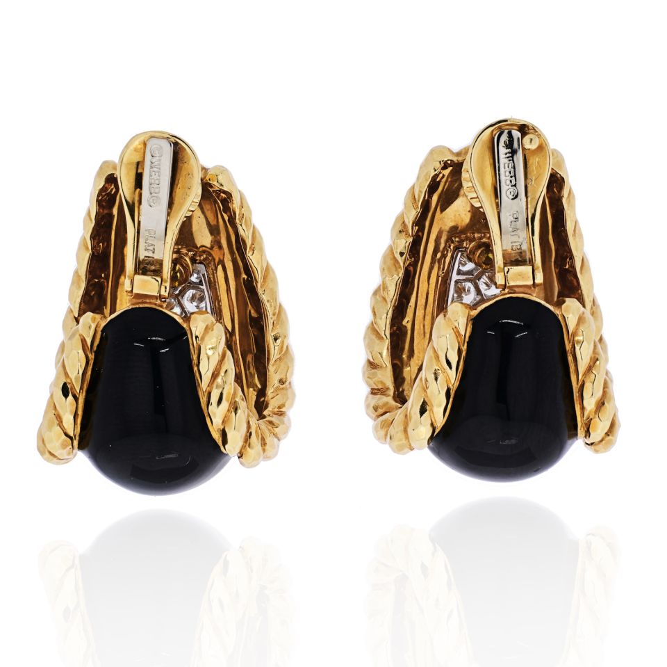 David Webb Platinum & 18K Yellow Gold Black Enamel Diamond Earrings — view 4 — Laura Milman New York