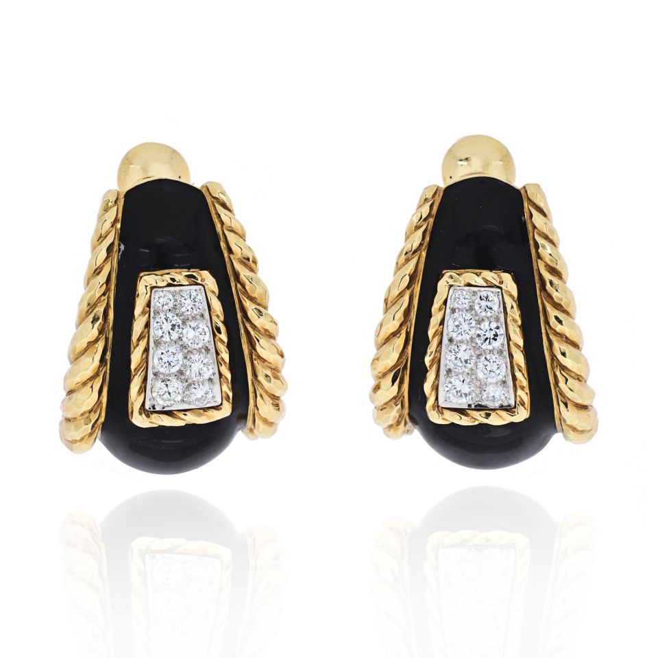 David Webb Platinum & 18K Yellow Gold Black Enamel Diamond Earrings — Laura Milman New York