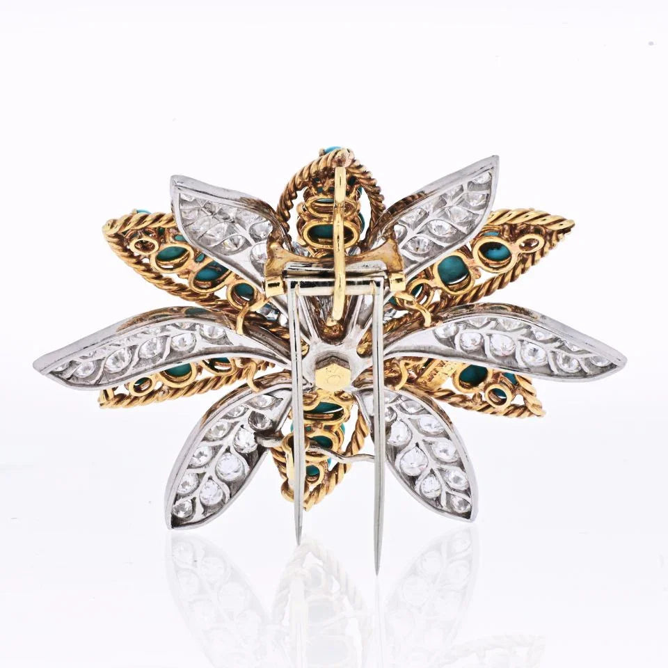 David Webb Platinum & 18K Yellow Gold Turquoise, Diamond Flower Brooch — view 4 — Laura Milman New York