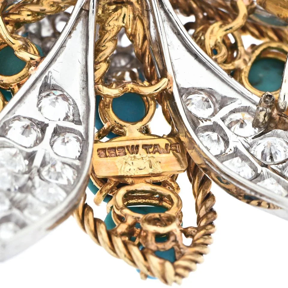 David Webb Platinum & 18K Yellow Gold Turquoise, Diamond Flower Brooch — view 5 — Laura Milman New York