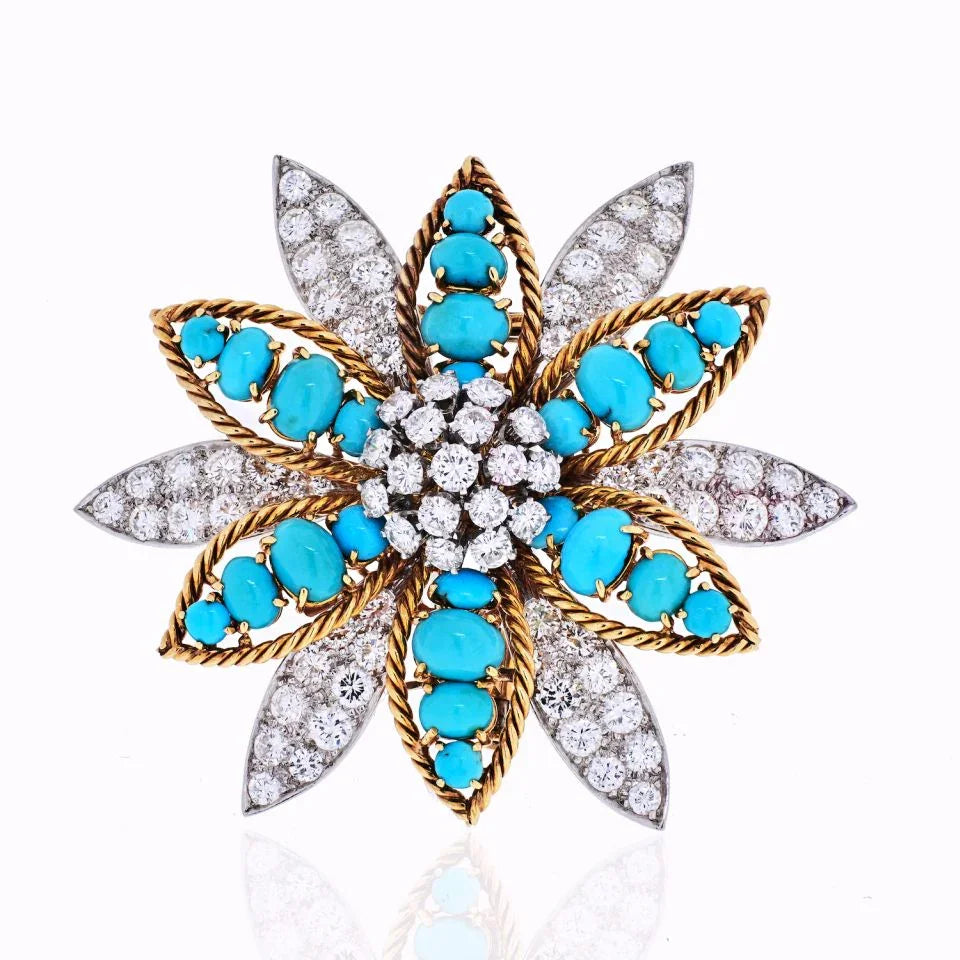 David Webb Platinum & 18K Yellow Gold Turquoise, Diamond Flower Brooch — Laura Milman New York