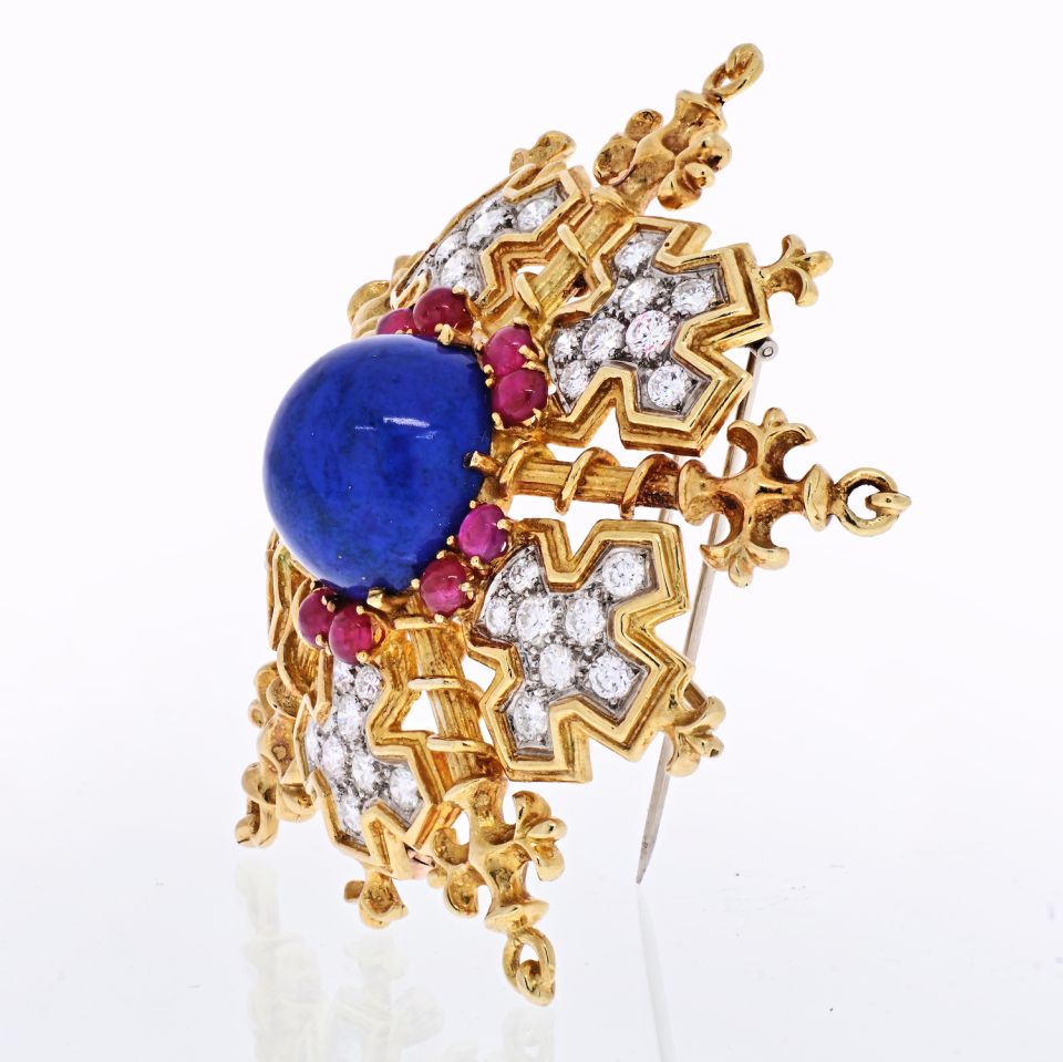Tiffany Co. 18K Yellow Gold Snowflake With Lapis, Rubies And Diamonds Brooch