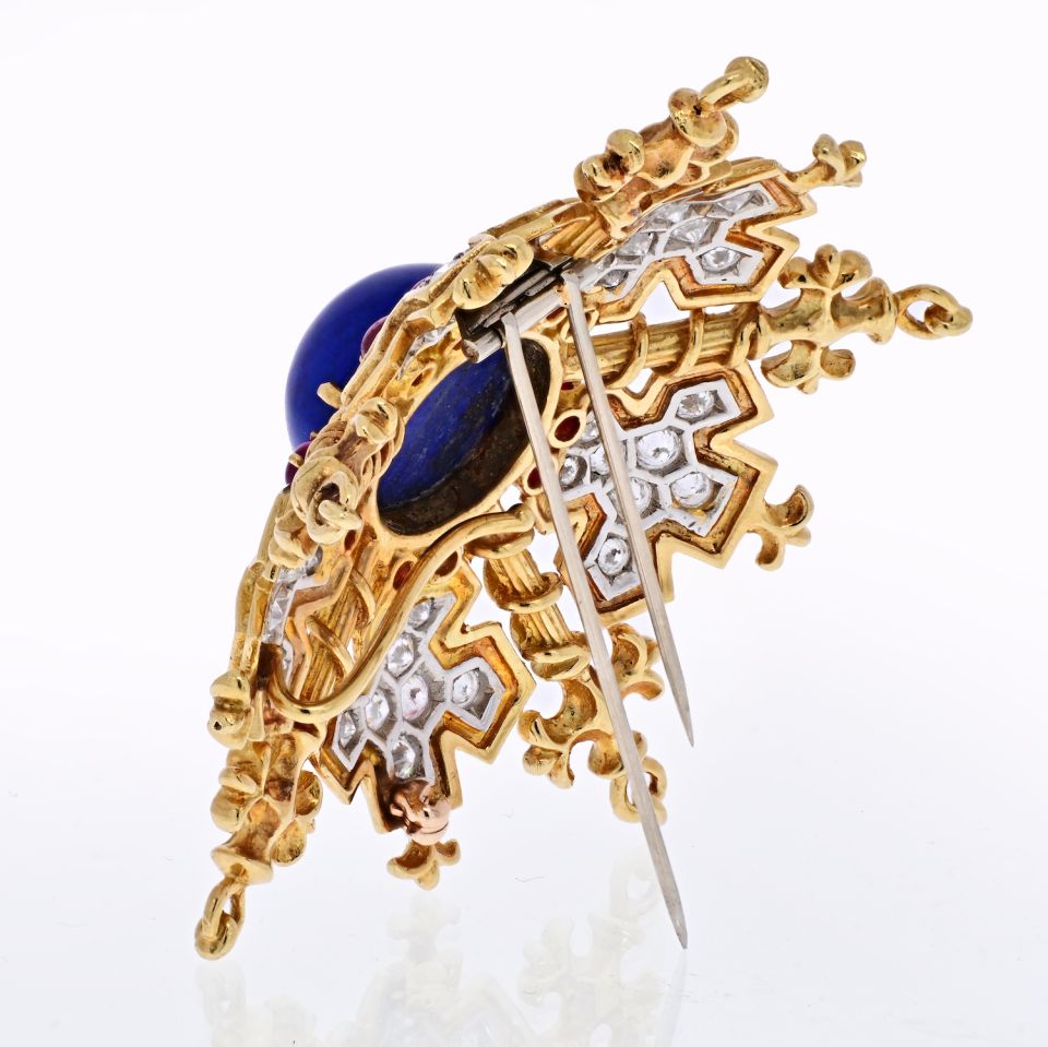 Tiffany Co. 18K Yellow Gold Snowflake With Lapis, Rubies And Diamonds Brooch