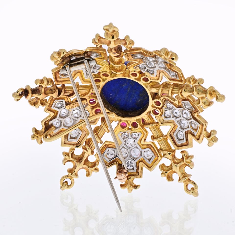 Tiffany Co. 18K Yellow Gold Snowflake With Lapis, Rubies And Diamonds Brooch