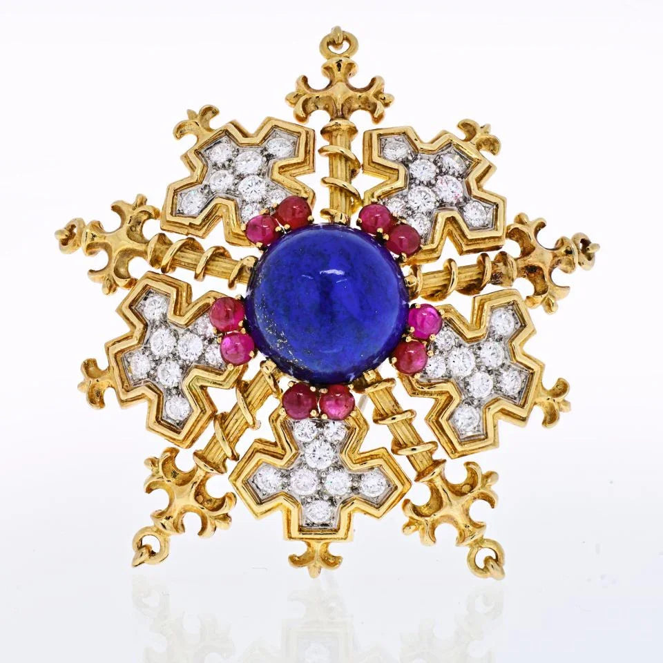 Tiffany & Co. 18K Yellow Gold Snowflake With Lapis, Rubies And Diamonds Brooch — Laura Milman New York