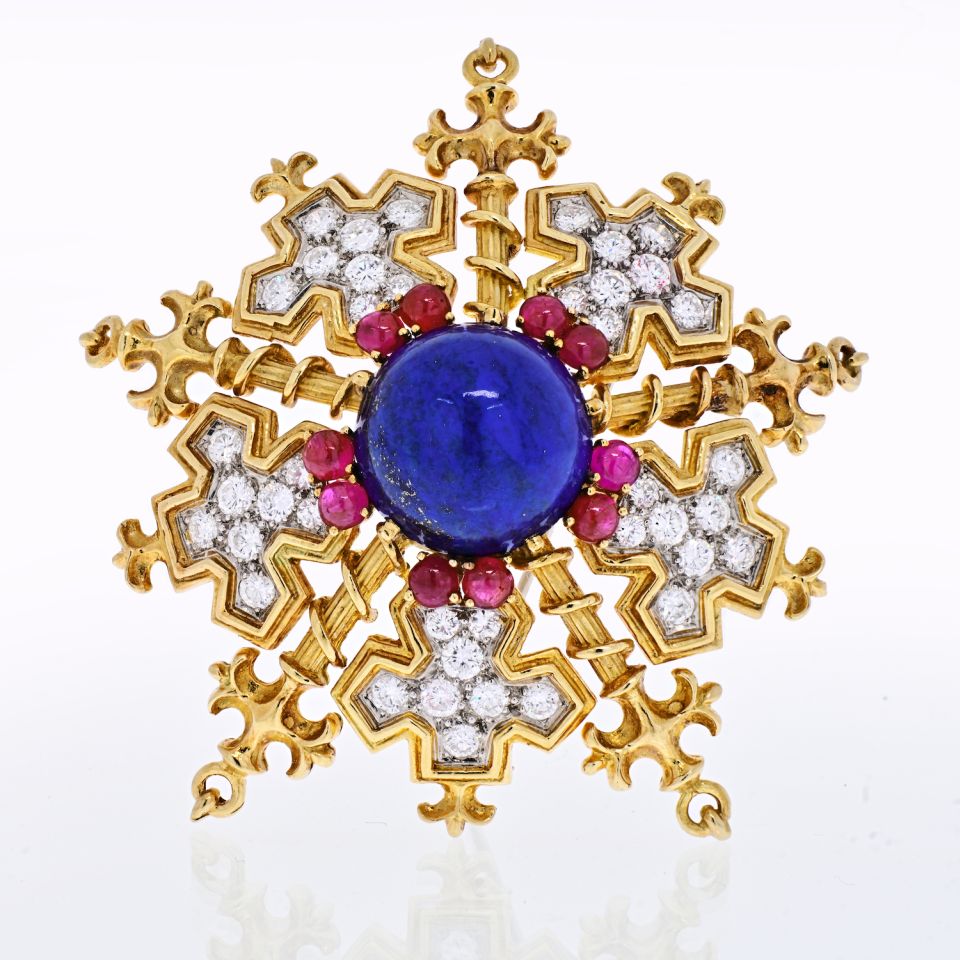 Tiffany Co. 18K Yellow Gold Snowflake With Lapis, Rubies And Diamonds Brooch