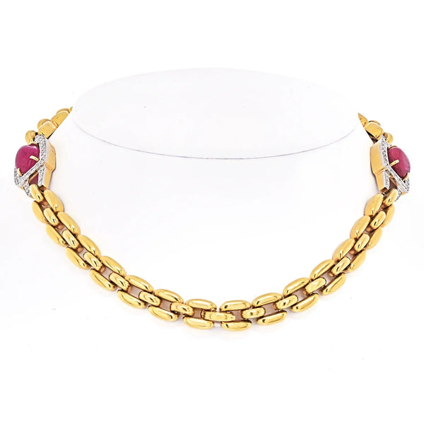 David Webb Yellow Gold Link Chain Diamond And Ruby Necklace