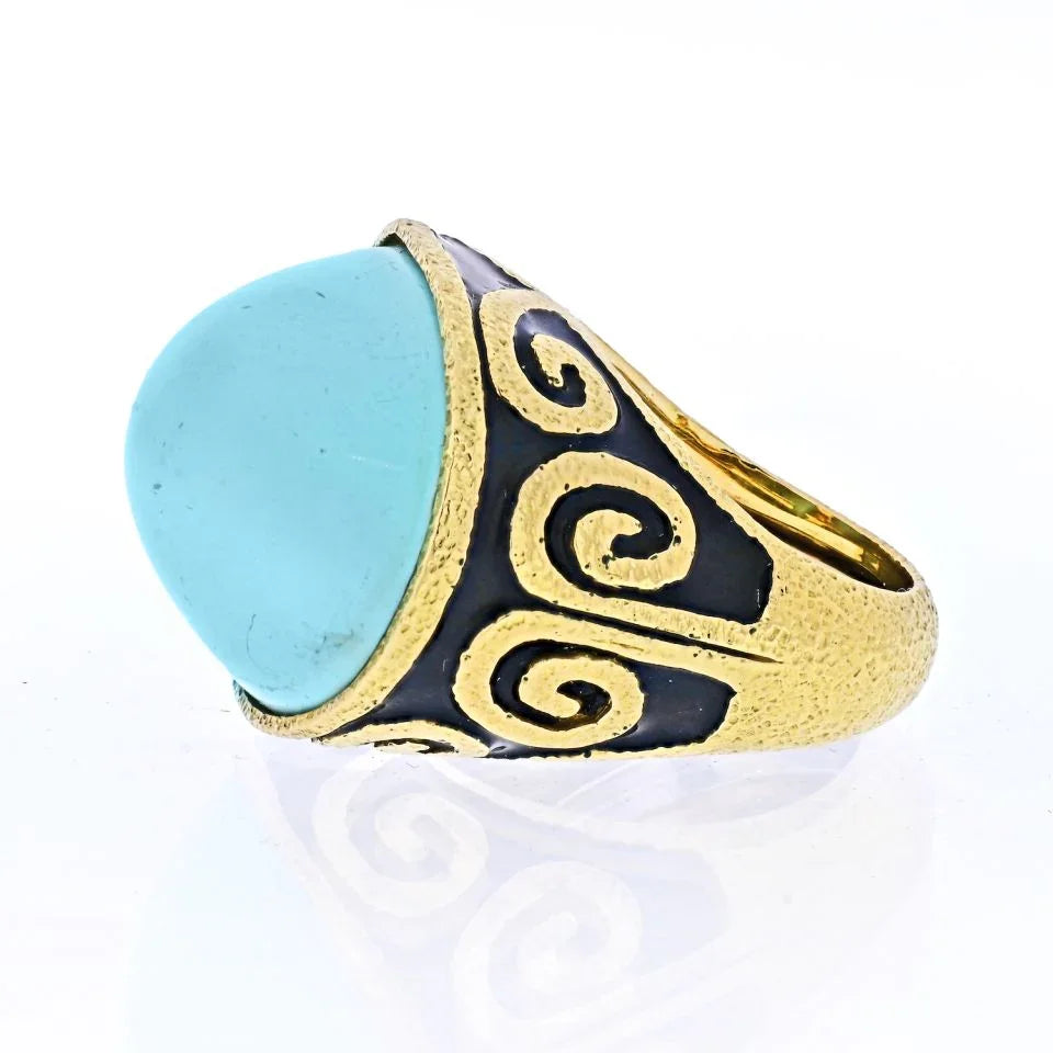 David Webb Platinum & 18K Yellow Gold Light Blue Turquoise Vintage Ring — view 2 — Laura Milman New York