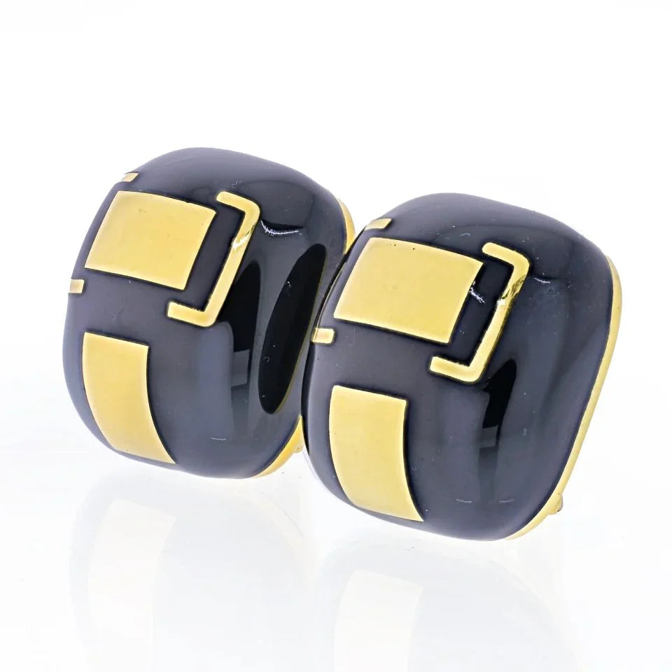 David Webb Platinum & 18K Yellow Gold Black Enamel Cushion Clip-On Earrings — view 2 — Laura Milman New York