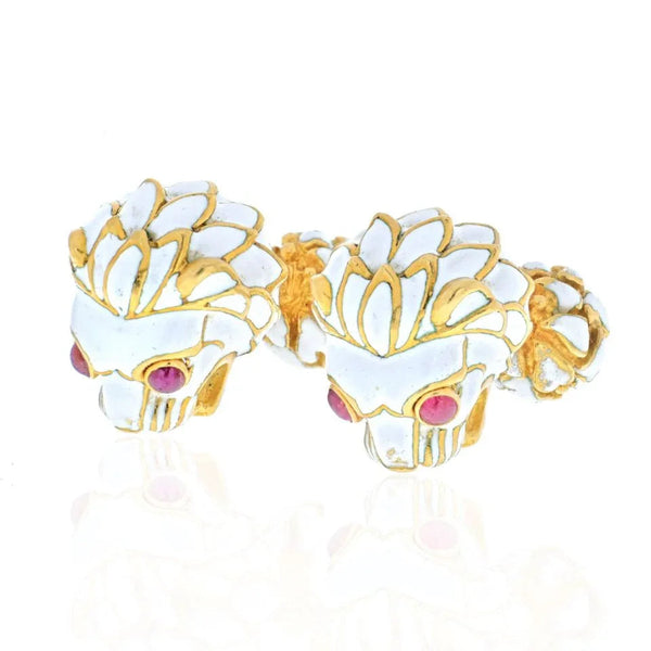 David Webb Platinum & 18K Yellow Gold White Enamel Lion Ruby Eyes Cuff Links — view 2
