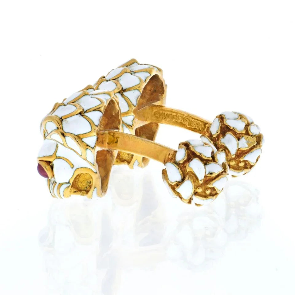 David Webb Platinum & 18K Yellow Gold White Enamel Lion Ruby Eyes Cuff Links — view 3 — Laura Milman New York