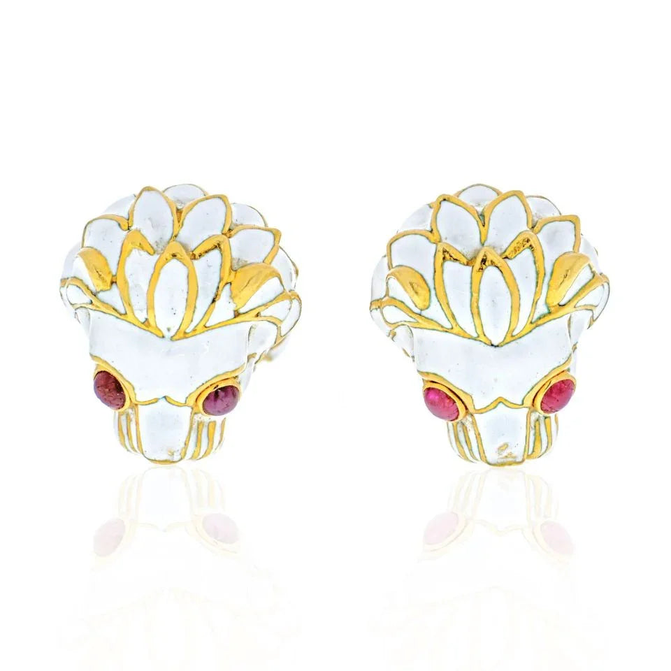 David Webb Platinum & 18K Yellow Gold White Enamel Lion Ruby Eyes Cuff Links — Laura Milman New York