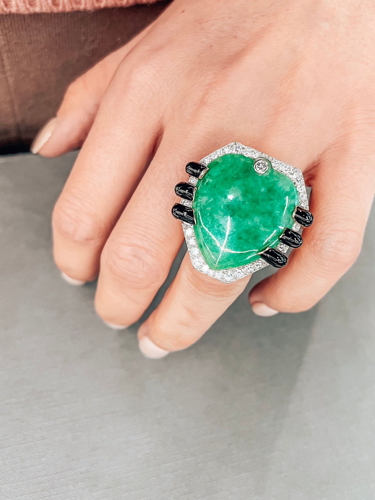 David Webb 18K Yellow Gold Jade, Diamond, Black Enamel Statement Ring — view 5 — Laura Milman New York