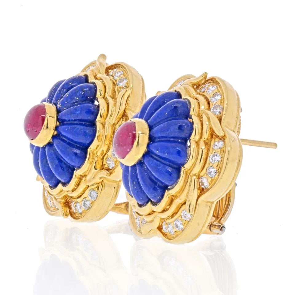 Harry Winston 18K Yellow Gold Lapis, Ruby, Diamond Earrings — view 2 — Laura Milman New York