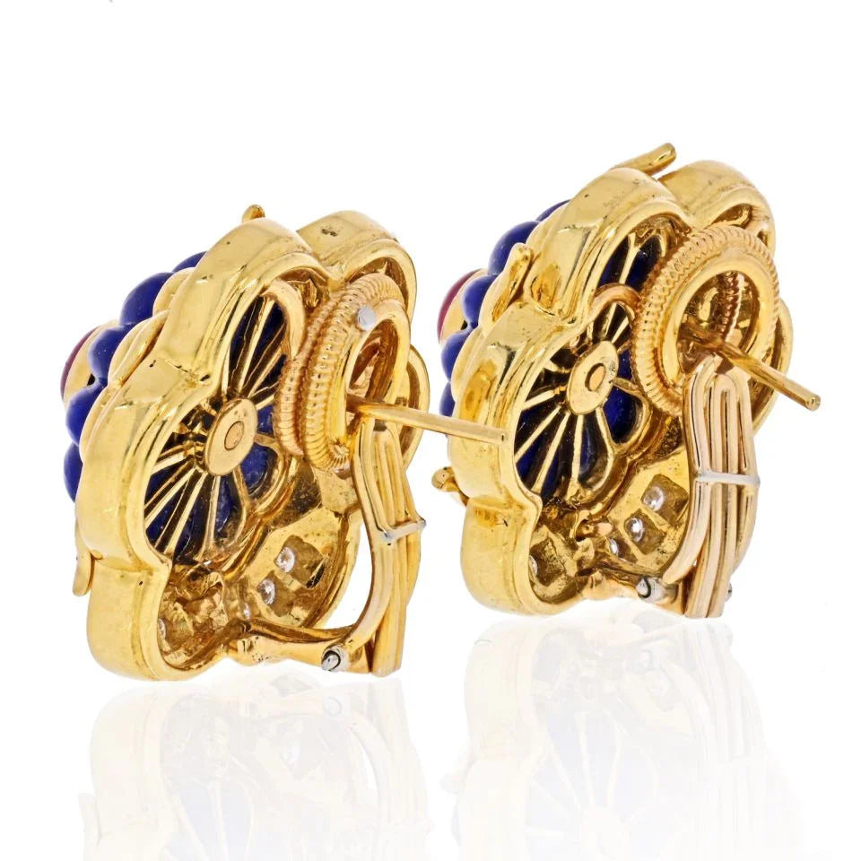 Harry Winston 18K Yellow Gold Lapis, Ruby, Diamond Earrings — view 3 — Laura Milman New York