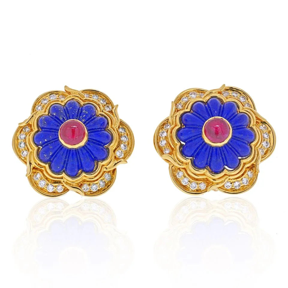 Harry Winston 18K Yellow Gold Lapis, Ruby, Diamond Earrings — Laura Milman New York