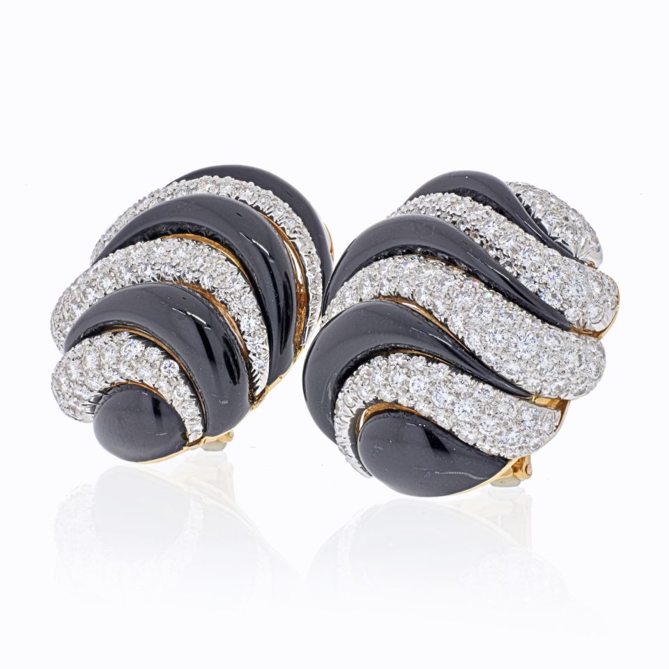David Webb Platinum & 18K Yellow Gold Black Enamel And Diamond Round Clip Earrings — view 2 — Laura Milman New York