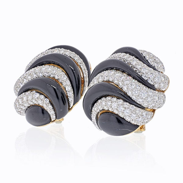 David Webb Platinum & 18K Yellow Gold Black Enamel And Diamond Round Clip Earrings — view 2