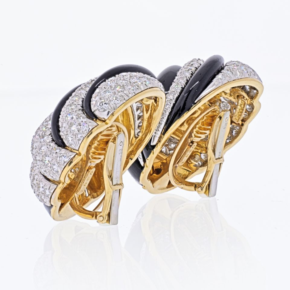 David Webb Platinum & 18K Yellow Gold Black Enamel And Diamond Round Clip Earrings — view 3 — Laura Milman New York