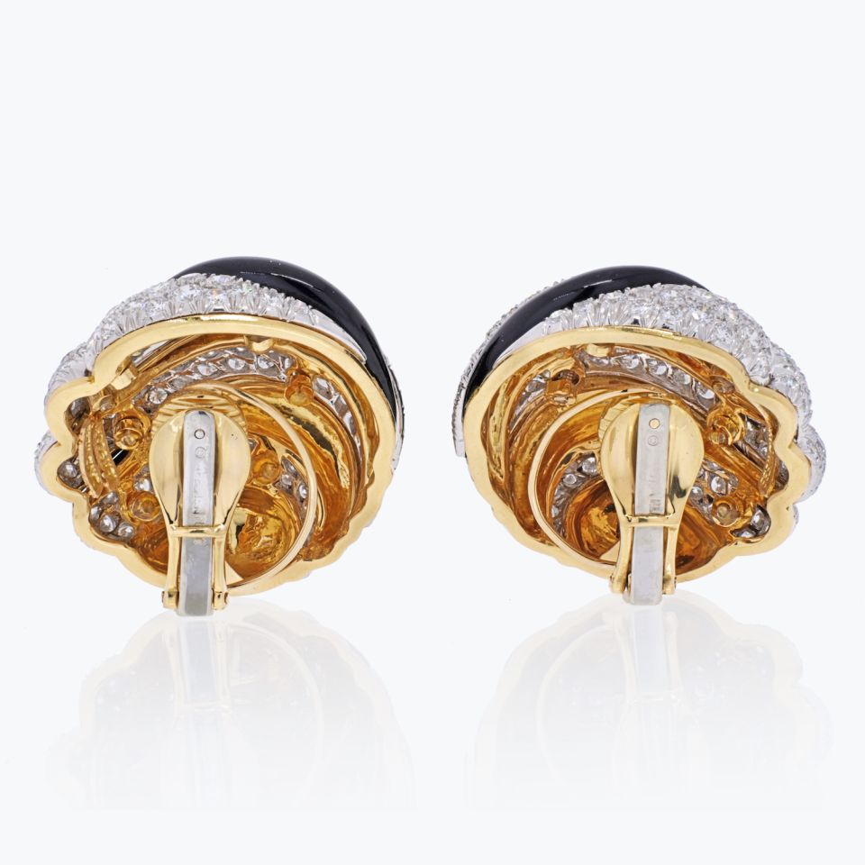 David Webb Platinum & 18K Yellow Gold Black Enamel And Diamond Round Clip Earrings — view 4 — Laura Milman New York