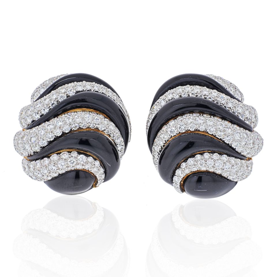 David Webb Platinum & 18K Yellow Gold Black Enamel And Diamond Round Clip Earrings — Laura Milman New York