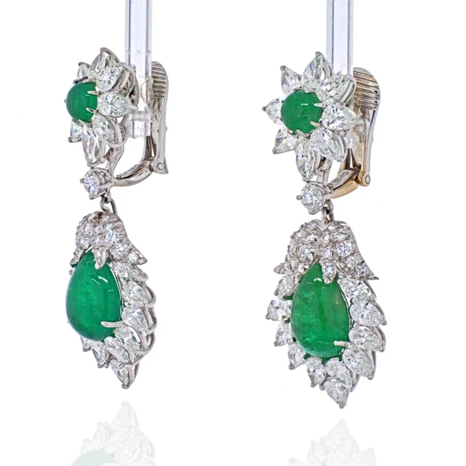 David Webb Platinum 1970's Green Emerald And Diamond Hanging Earrings — view 2 — Laura Milman New York