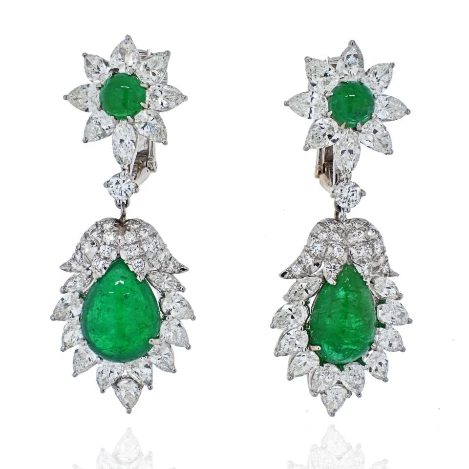 David Webb Platinum 1970's Green Emerald And Diamond Hanging Earrings — Laura Milman New York