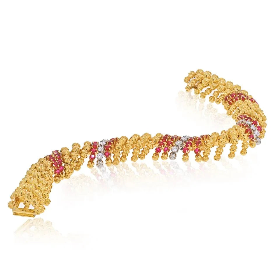 David Webb Platinum & 18K Yellow Gold Diamnd And Ruby Bracelet — view 2 — Laura Milman New York