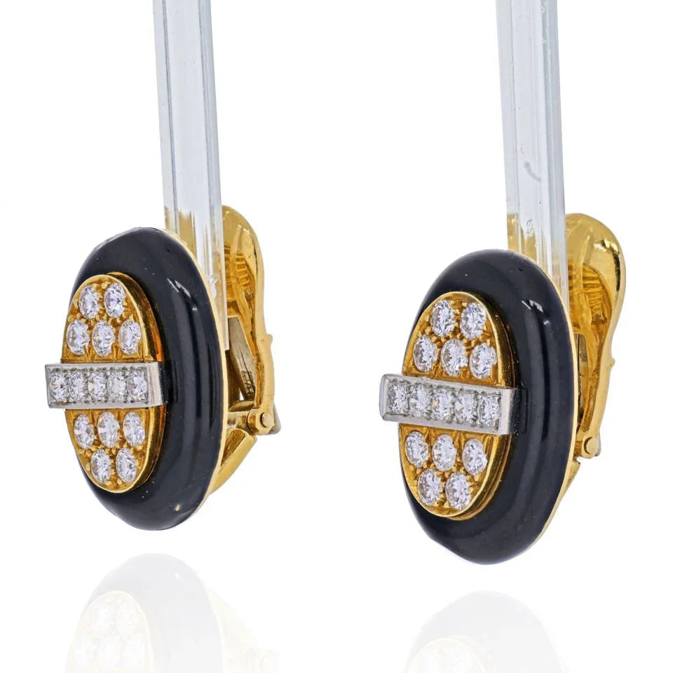 David Webb Platinum & 18K Yellow Gold 3 Carat Diamond And Black Enamel Earrings — view 2 — Laura Milman New York