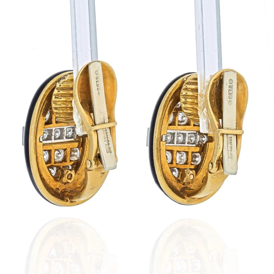 David Webb Platinum & 18K Yellow Gold 3 Carat Diamond And Black Enamel Earrings — view 3 — Laura Milman New York
