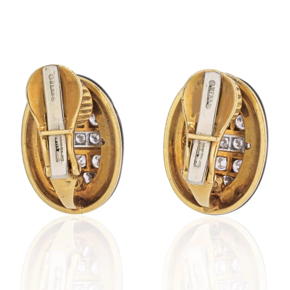 David Webb Platinum & 18K Yellow Gold 3 Carat Diamond And Black Enamel Earrings — view 4 — Laura Milman New York