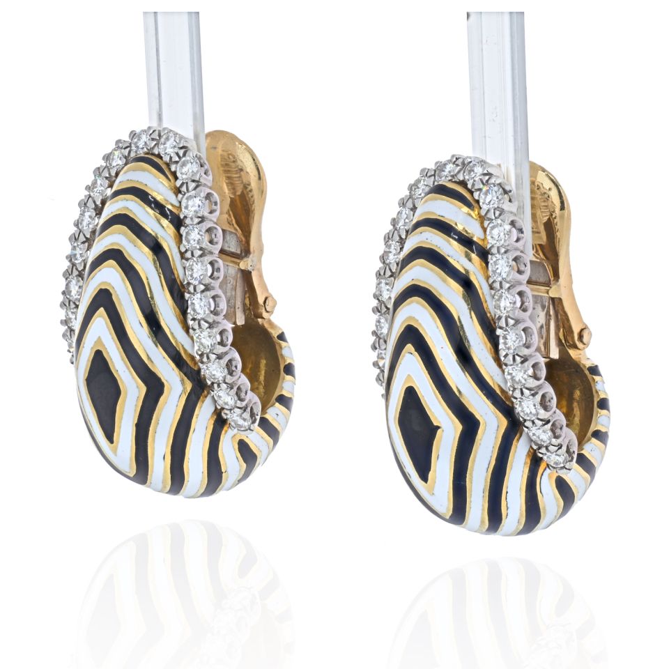 David Webb Vreeland Diamond Zebra Black & White Enamel Earrings — view 2 — Laura Milman New York