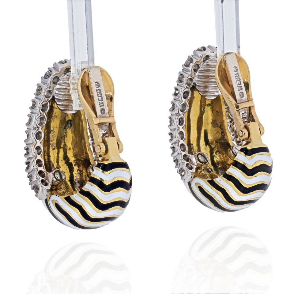 David Webb Vreeland Diamond Zebra Black & White Enamel Earrings — view 3 — Laura Milman New York