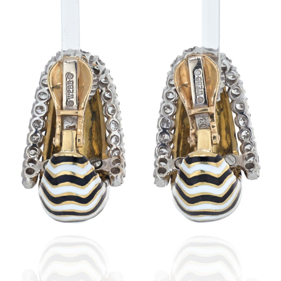 David Webb Vreeland Diamond Zebra Black & White Enamel Earrings — view 4 — Laura Milman New York
