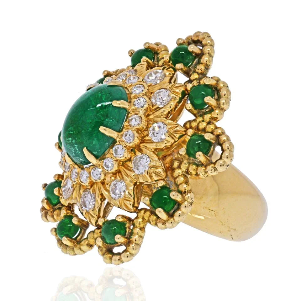 David Webb 18K Yellow Gold Green Emerald Diamond Flower Ring — view 2 — Laura Milman New York
