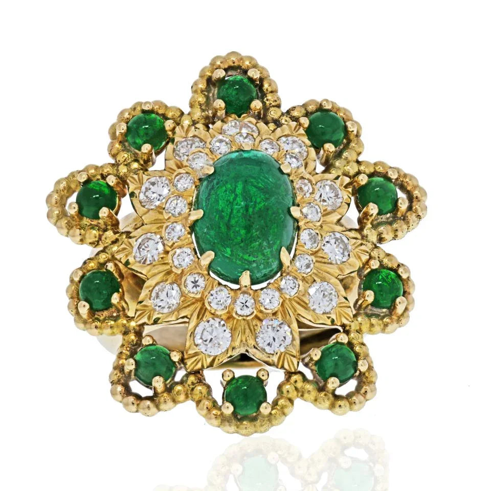 David Webb 18K Yellow Gold Green Emerald Diamond Flower Ring — Laura Milman New York
