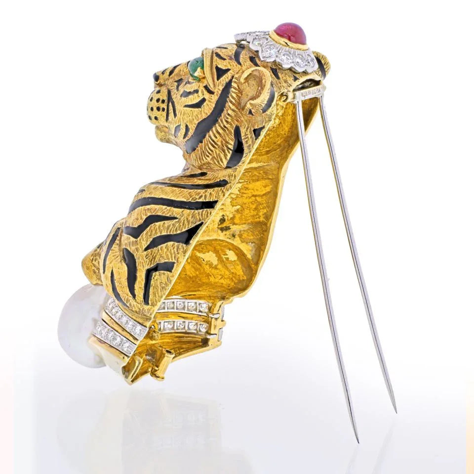 David Webb Platinum & 18K Yellow Gold Black Striped Tiger With Emerald Ruby Pearl Brooch — view 3 — Laura Milman New York