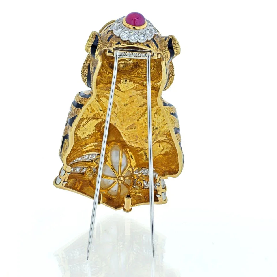 David Webb Platinum & 18K Yellow Gold Black Striped Tiger With Emerald Ruby Pearl Brooch — view 4 — Laura Milman New York