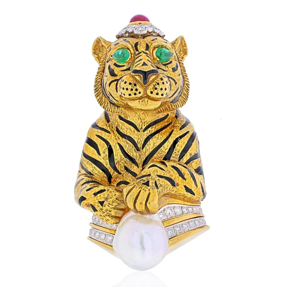 David Webb Platinum & 18K Yellow Gold Black Striped Tiger With Emerald Ruby Pearl Brooch — Laura Milman New York