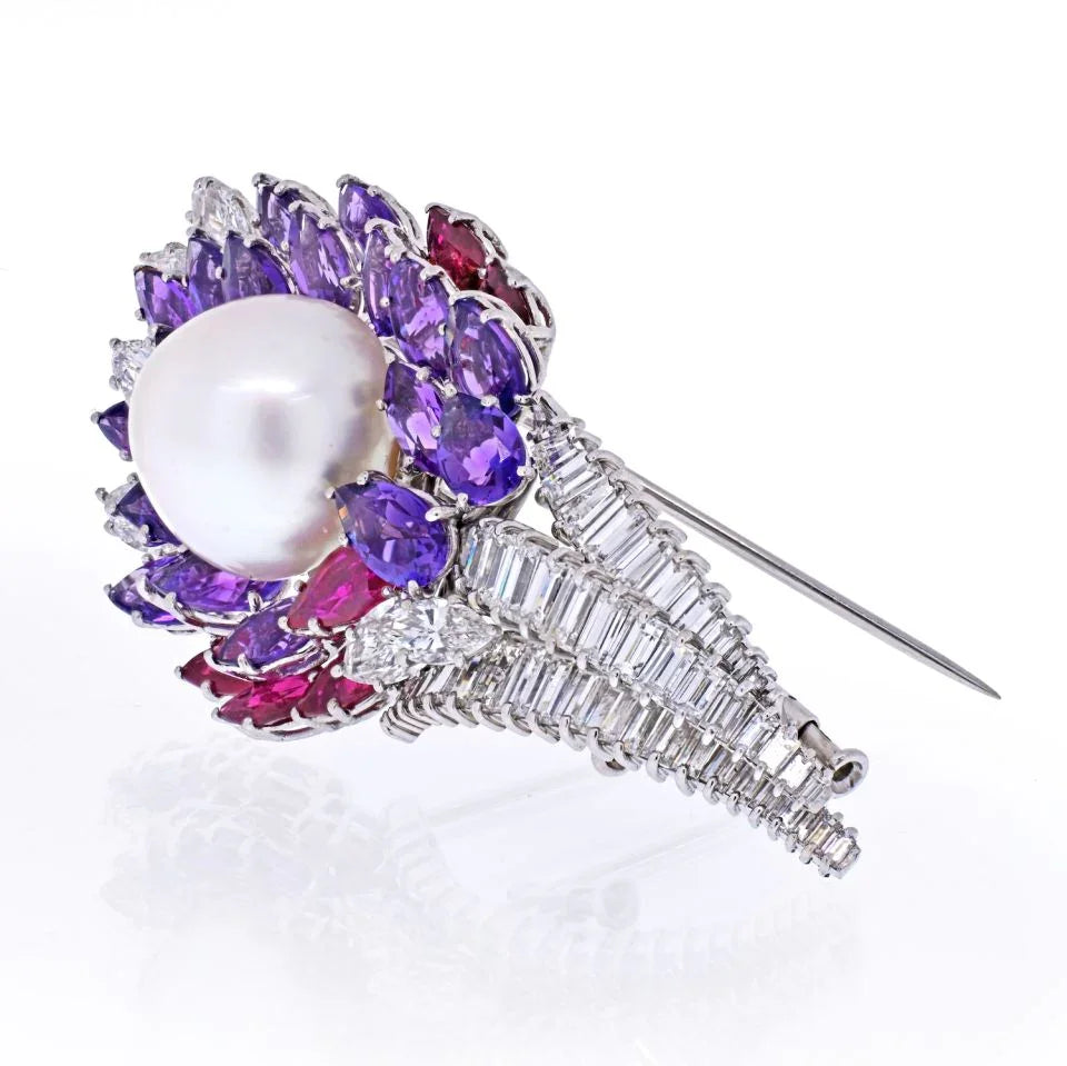 David Webb 18K White Gold Diamond, Amethysts, Ruby And Pearl Brooch — view 2 — Laura Milman New York