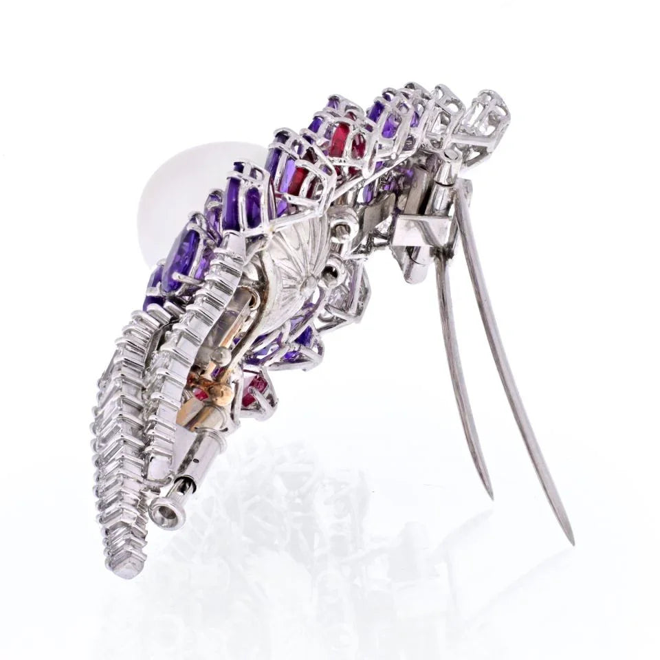 David Webb 18K White Gold Diamond, Amethysts, Ruby And Pearl Brooch — view 3 — Laura Milman New York