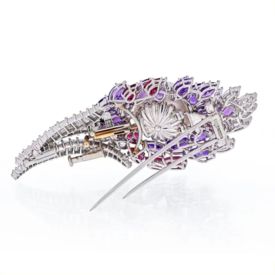 David Webb 18K White Gold Diamond, Amethysts, Ruby And Pearl Brooch — view 4 — Laura Milman New York
