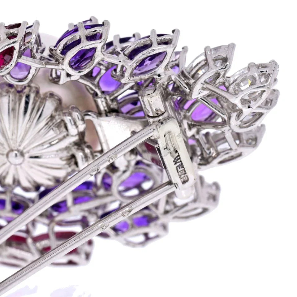 David Webb 18K White Gold Diamond, Amethysts, Ruby And Pearl Brooch — view 5 — Laura Milman New York